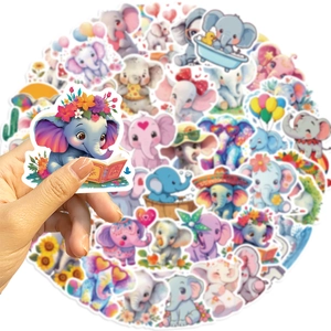 Close-up of cute cartoon elephant stickers showing detailed print and size for DIY decor