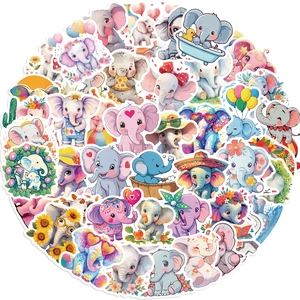 Cute cartoon elephant sticker set with 50 diverse waterproof watercolor animal designs