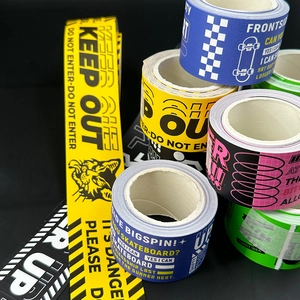 Close-up of vibrant waterproof warning sign tape with skateboard and checkerboard patterns