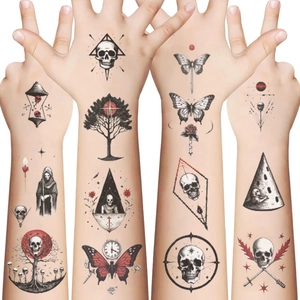 Dark gothic temporary tattoos featuring skull and butterfly designs on arms