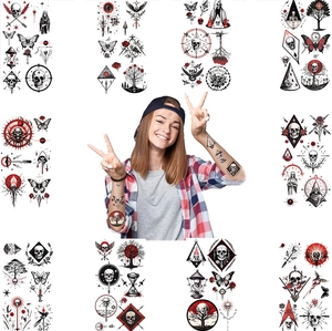 Dark gothic skull and butterfly temporary tattoo stickers set in black and red style