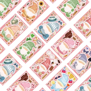 Close-up of cute cartoon garden gnome stickers with floral and lifestyle accessories