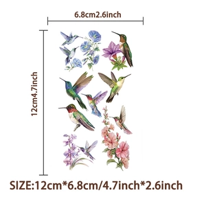Tatuaggi temporanei impermeabili con colibrì e fiori di misura 12x6,8 cm