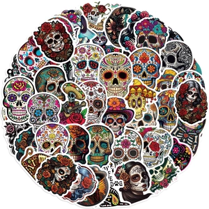 50pcs Mexican Day of the Dead waterproof stickers with colorful sugar skull designs