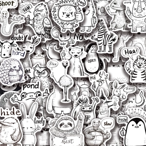 Détails de 50 autocollants d'animaux de dessin animé en noir et blanc pour décoration DIY