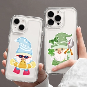 Clear iPhone case featuring cute cartoon gnome illustrations with a hand-held view