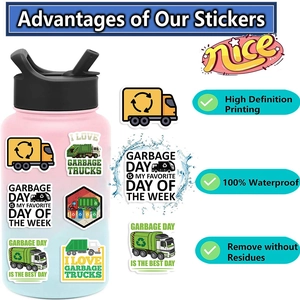 Detail showing waterproof garbage truck stickers on a water bottle with key features