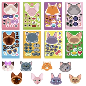 DIY cartoon cat face sticker set with 8 diverse breeds and creative facial accessories