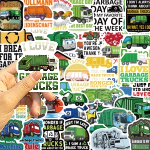 Close-up of waterproof garbage truck graffiti stickers for laptops and luggage