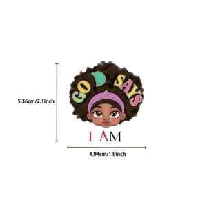 Detailed dimensions of cartoon girl sticker with motivational God Says I Am text design