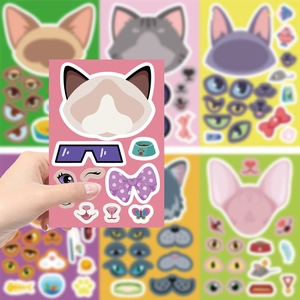 Close-up of DIY cartoon cat facial expression stickers for scrapbooking and crafts