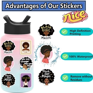 Waterproof Black Girl Magic affirmation stickers applied on a gradient water bottle