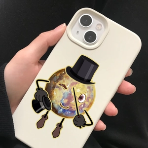 Detail of a beige iPhone case with a cute cartoon planet magician print held by a hand