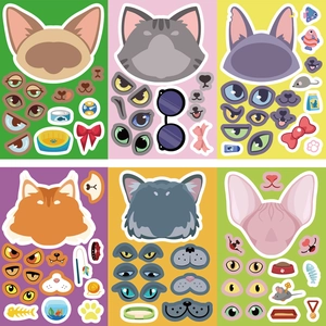Detailed set of 6 DIY cartoon cat stickers with various facial expressions and accessories