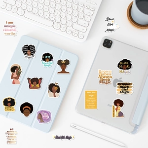 Detail of waterproof Black Girl Magic affirmation stickers on an iPad and case surface