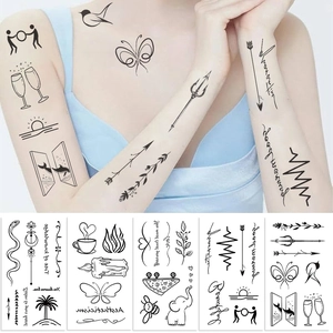 Five sheets of black linear temporary tattoos featuring animals, plants and artistic text