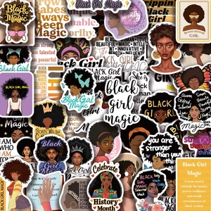 Detailed close-up of 50 waterproof Black Girl Magic stickers for laptops and guitars