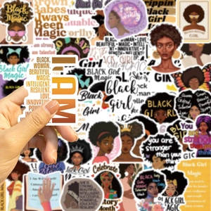 Detailed view of Black Girl Magic stickers featuring empowering quotes for laptops and guitars