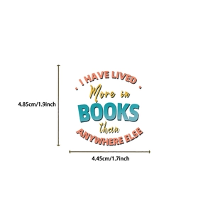Detail showing cartoon book sticker dimensions with motivational quote typography