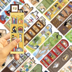 Detail of artistic cat bookmarks with cozy library illustrations and warm yellow tones