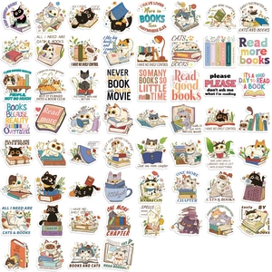 60Pcs hand-drawn cartoon cat and book stickers for laptop and DIY decoration
