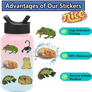 Waterproof reptile stickers showing HD printing and residue-free removal on a water bottle