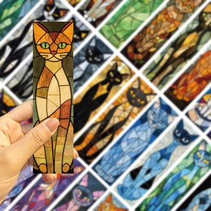 Artistic cat bookmark featuring vibrant geometric stained glass style illustration