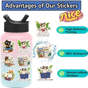 Waterproof cartoon cat and book stickers applied on a gradient water bottle for DIY