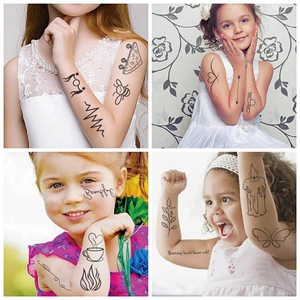 Minimalist black linear temporary tattoos for kids featuring heart, bee and pizza designs