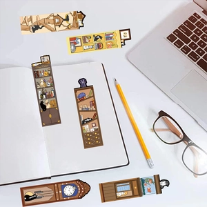 Set of 6 cute cat themed illustration bookmarks for reading and DIY scrapbooking