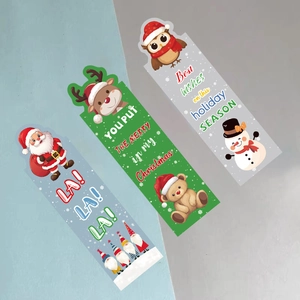 Christmas cartoon bookmarks set with Santa, reindeer and snowman designs on a festive backdrop