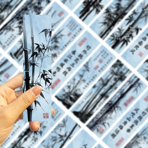 Close-up of bamboo ink painting bookmarks with traditional red seal on premium paper
