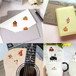 Thanksgiving stickers on envelopes and mugs featuring cartoon turkeys and autumn elements