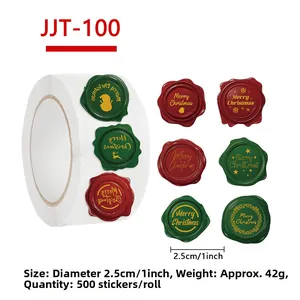 Detail of Christmas wax seal stickers featuring gold foil merry christmas motifs