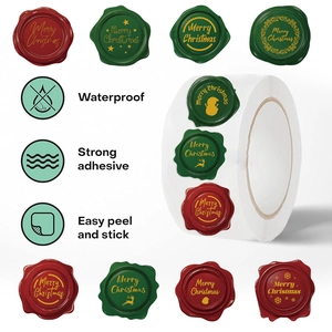 Detail of Christmas wax seal stickers featuring festive deer and star designs