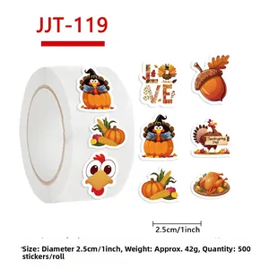 Detail view of 1-inch Thanksgiving stickers with turkey, pumpkin and corn patterns