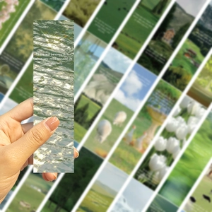 Close-up of Green Forest series nature bookmarks with scenic photos and quotes