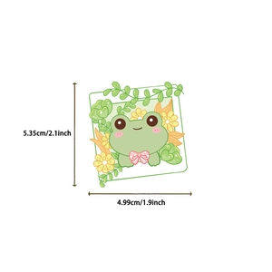 Detailed size chart of the cartoon frog sticker measuring 2.1 inches by 1.9 inches
