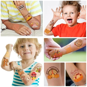 Waterproof Thanksgiving temporary tattoos for kids featuring cartoon turkey and pumpkin patterns