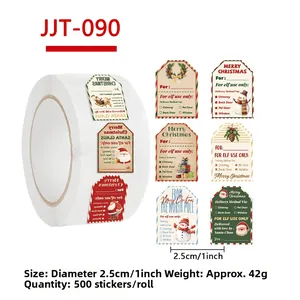 Detail of Christmas roll stickers with 6 festive designs and 1-inch diameter size