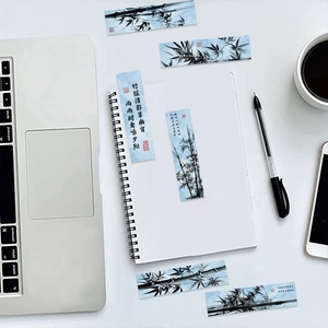 Bamboo ink painting bookmarks with Chinese calligraphy set on a desk setup