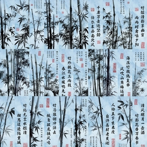 Traditional Chinese ink wash bamboo bookmarks set with elegant calligraphy and stamps