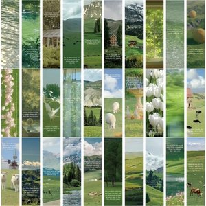 Set of 30 aesthetic Green Forest paper bookmarks with nature scenery and floral designs