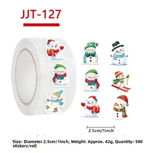 Detailed view of 1-inch Christmas snowman stickers showing 2.5cm diameter and 500 labels per roll