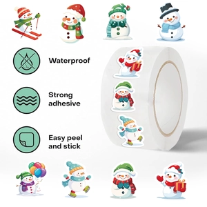 Roll of 500 waterproof Christmas snowman stickers for festive gift sealing and DIY decor