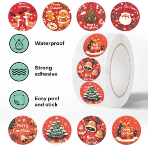 500pcs roll of waterproof Merry Christmas stickers with Santa and reindeer designs