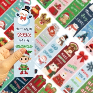 Cartoon Christmas bookmarks set with snowman and elf illustrations on blue background