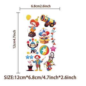 Foglio dettagliato di tatuaggi circo cartone animato con misure 12 x 6,8 cm