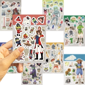 Detail shot of cute DIY waterproof cartoon stickers with artistic retro newspaper patterns
