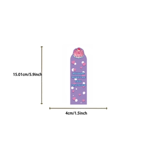 Dettaglio del segnalibro viola a fumetti con figura rosa e linee di dimensione